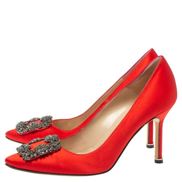 Pre Owned Manolo Blahnik Red Satin Hangisi  Pumps Size 36.5