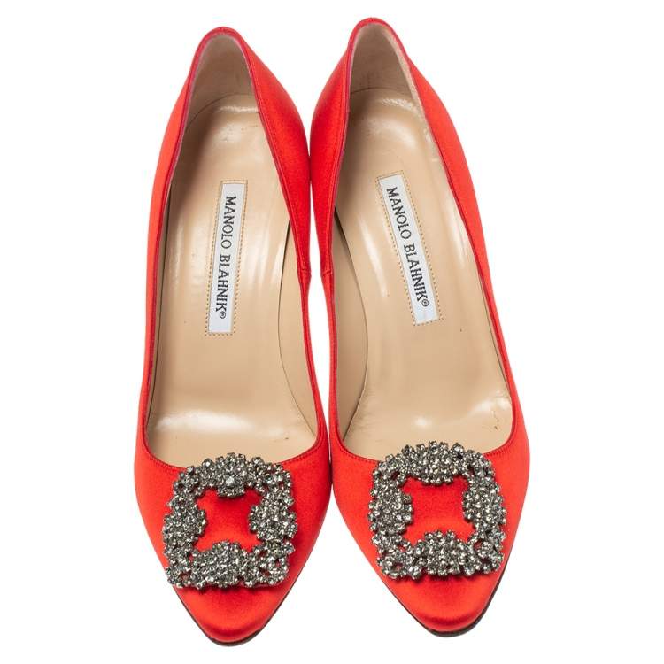 Pre Owned Manolo Blahnik Red Satin Hangisi  Pumps Size 36.5