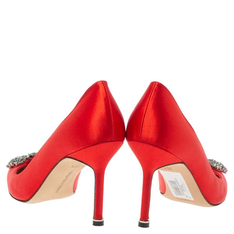 Pre Owned Manolo Blahnik Red Satin Hangisi  Pumps Size 36.5