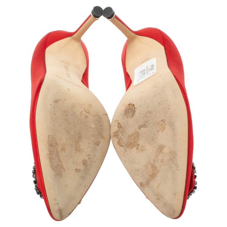 Pre Owned Manolo Blahnik Red Satin Hangisi  Pumps Size 36.5