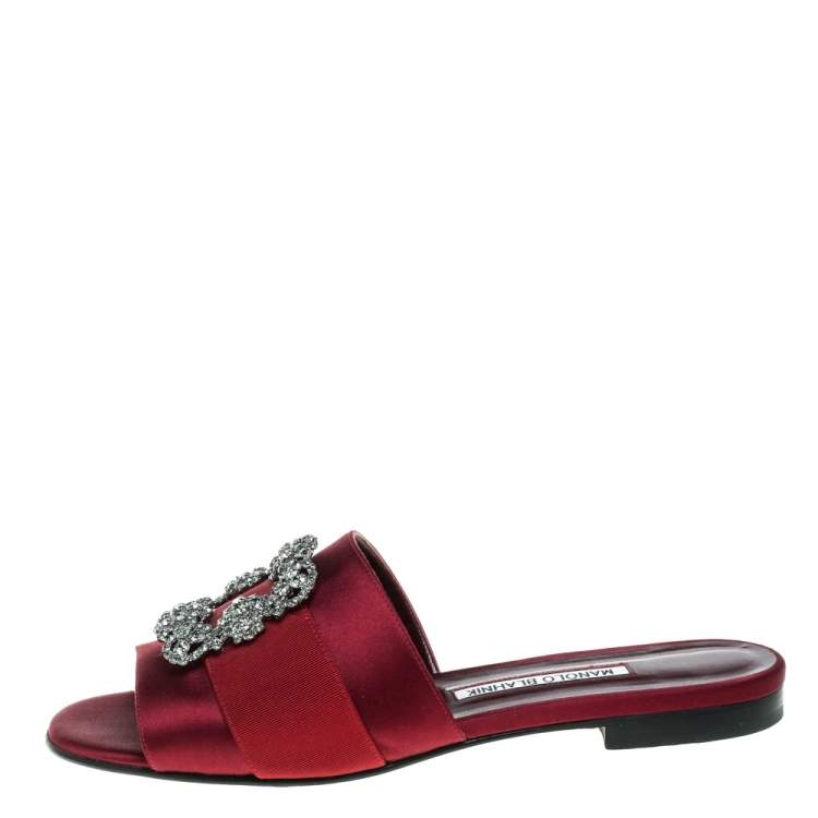 Pre Owned Manolo Blahnik Burgundy Satin Martamod Flats Size 40