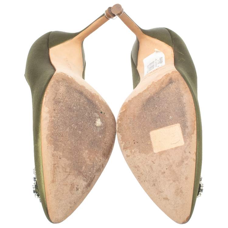 Pre Owned Manolo Blahnik Green Satin Hangisi Pumps Size 39.5