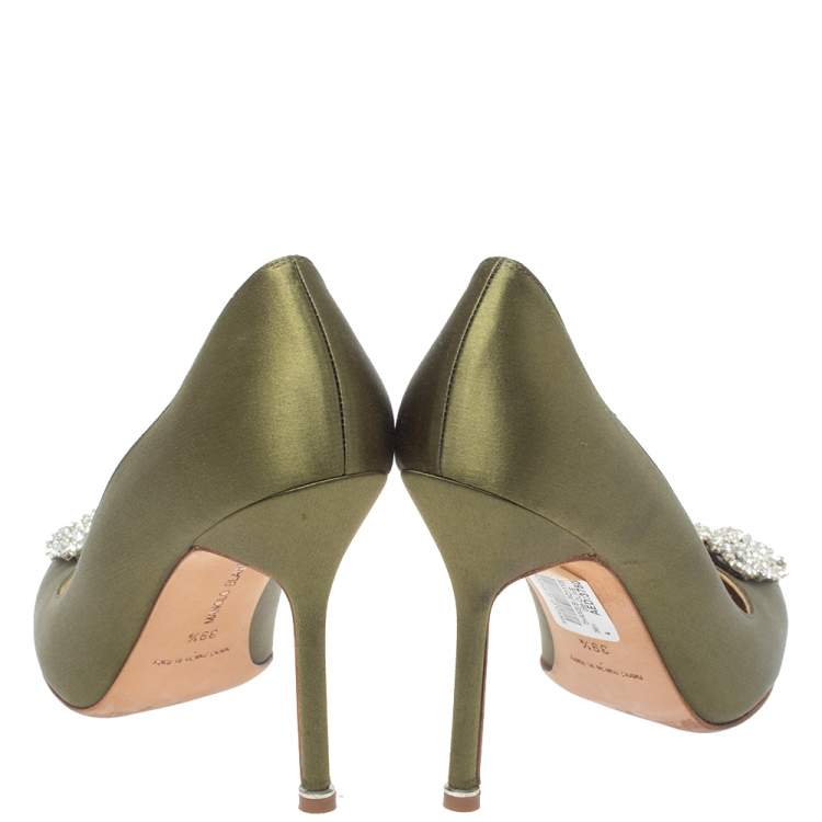 Pre Owned Manolo Blahnik Green Satin Hangisi Pumps Size 39.5