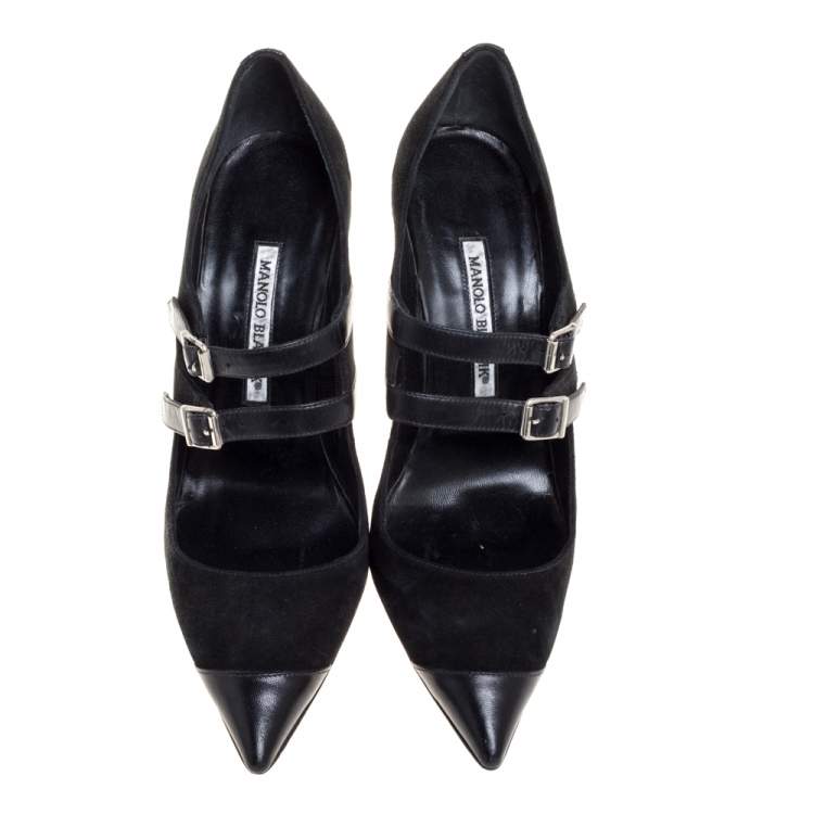 Pre Owned Manolo Blahnik Black Suede and Leather Mary Jane Pointed Toe Pumps Size 40