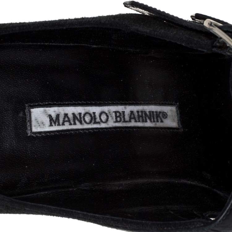 Pre Owned Manolo Blahnik Black Suede and Leather Mary Jane Pointed Toe Pumps Size 40
