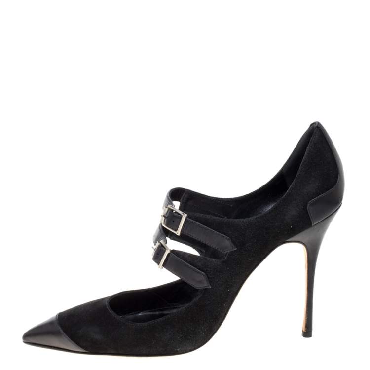 Pre Owned Manolo Blahnik Black Suede and Leather Mary Jane Pointed Toe Pumps Size 40