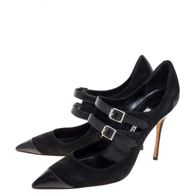 Pre Owned Manolo Blahnik Black Suede and Leather Mary Jane Pointed Toe Pumps Size 40