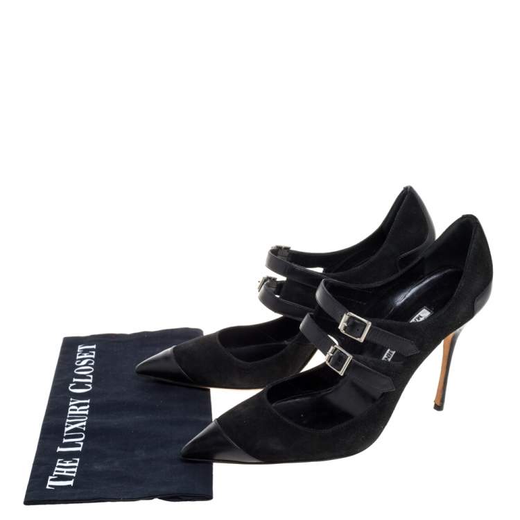 Pre Owned Manolo Blahnik Black Suede and Leather Mary Jane Pointed Toe Pumps Size 40