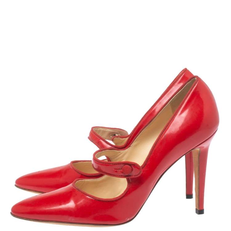 Pre Owned Manolo Blahnik Red Patent Leather Campy Mary Jane Pumps Size 38