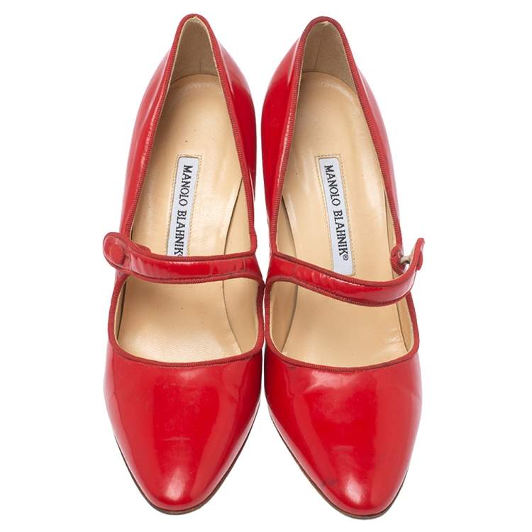 Pre Owned Manolo Blahnik Red Patent Leather Campy Mary Jane Pumps Size 38