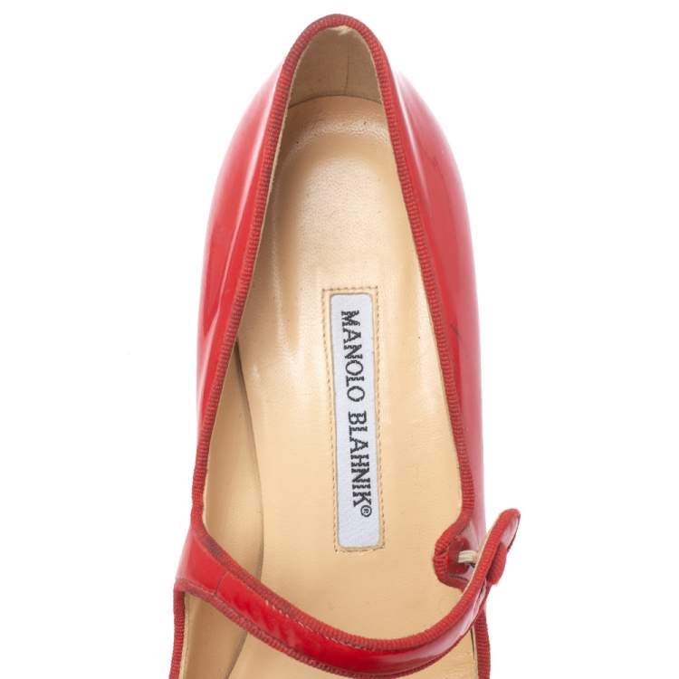 Pre Owned Manolo Blahnik Red Patent Leather Campy Mary Jane Pumps Size 38