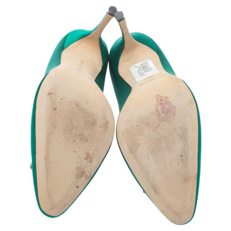 Pre Owned Manolo Blahnik Green Satin Crystal Embellished Okkato Pumps Size 40.5