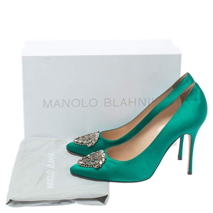 Pre Owned Manolo Blahnik Green Satin Crystal Embellished Okkato Pumps Size 40.5