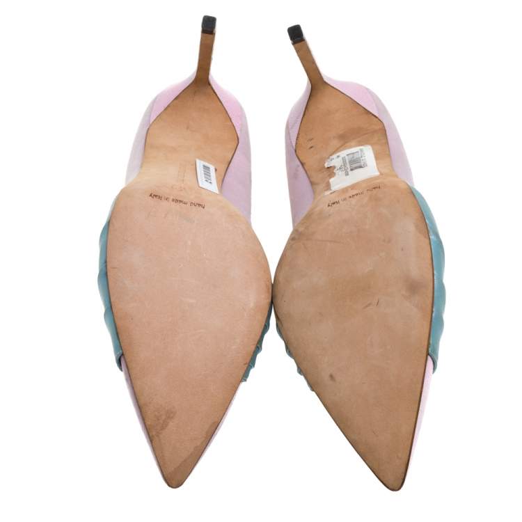 Pre Owned Manolo Blahnik Pink/Blue Canvas And Satin Criss Cross Pleated Pointed Toe Pumps Size 40