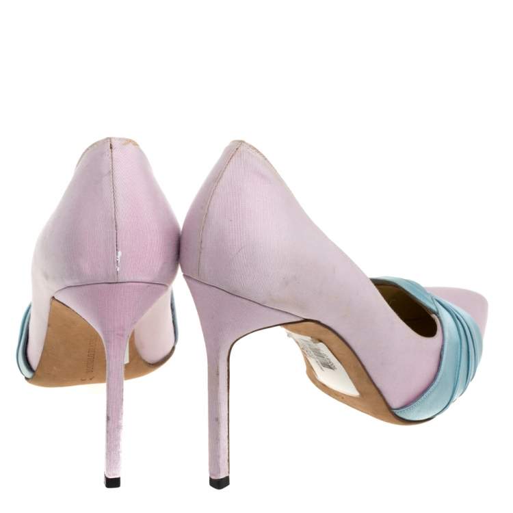 Pre Owned Manolo Blahnik Pink/Blue Canvas And Satin Criss Cross Pleated Pointed Toe Pumps Size 40