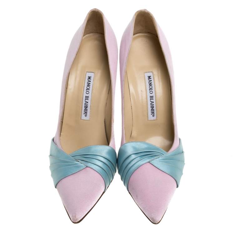 Pre Owned Manolo Blahnik Pink/Blue Canvas And Satin Criss Cross Pleated Pointed Toe Pumps Size 40