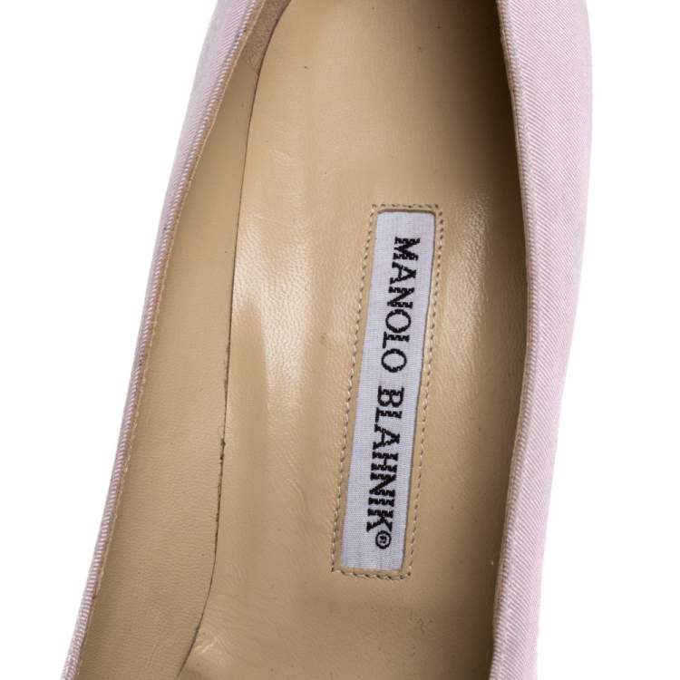 Pre Owned Manolo Blahnik Pink/Blue Canvas And Satin Criss Cross Pleated Pointed Toe Pumps Size 40