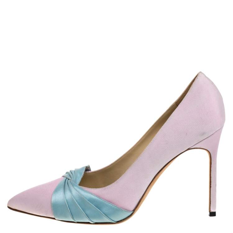 Pre Owned Manolo Blahnik Pink/Blue Canvas And Satin Criss Cross Pleated Pointed Toe Pumps Size 40