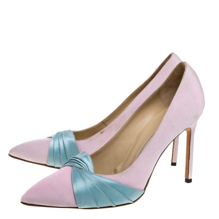 Pre Owned Manolo Blahnik Pink/Blue Canvas And Satin Criss Cross Pleated Pointed Toe Pumps Size 40