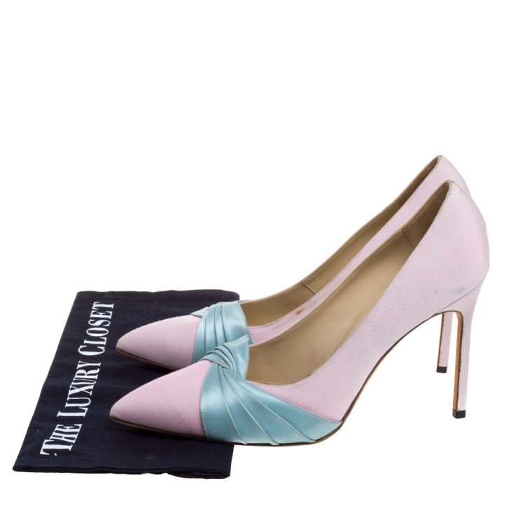 Pre Owned Manolo Blahnik Pink/Blue Canvas And Satin Criss Cross Pleated Pointed Toe Pumps Size 40