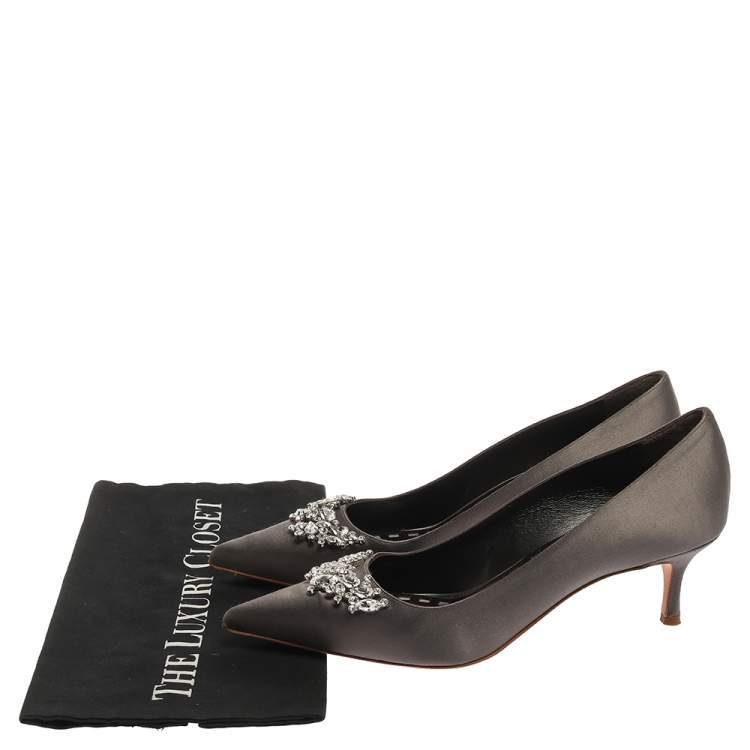Pre Owned Manolo Blahnik Grey Satin Crystal Embellished Pumps Size 40