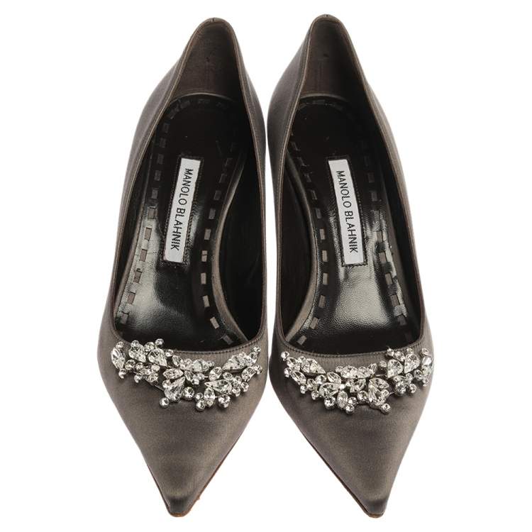 Pre Owned Manolo Blahnik Grey Satin Crystal Embellished Pumps Size 40