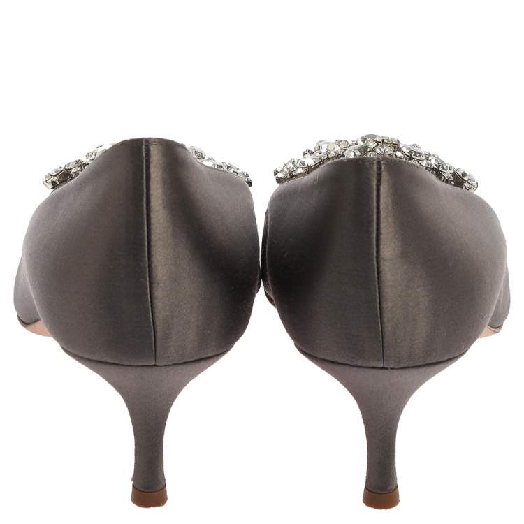 Pre Owned Manolo Blahnik Grey Satin Crystal Embellished Pumps Size 40