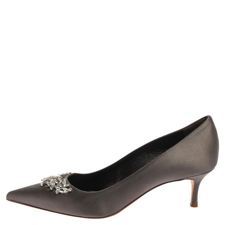 Pre Owned Manolo Blahnik Grey Satin Crystal Embellished Pumps Size 40
