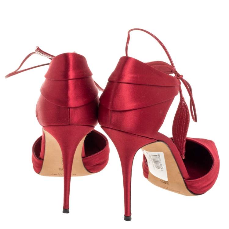 Pre Owned Manolo Blahnik Red Satin Reya Pleated Pointed Toe Ankle Wrap Pumps 39.5