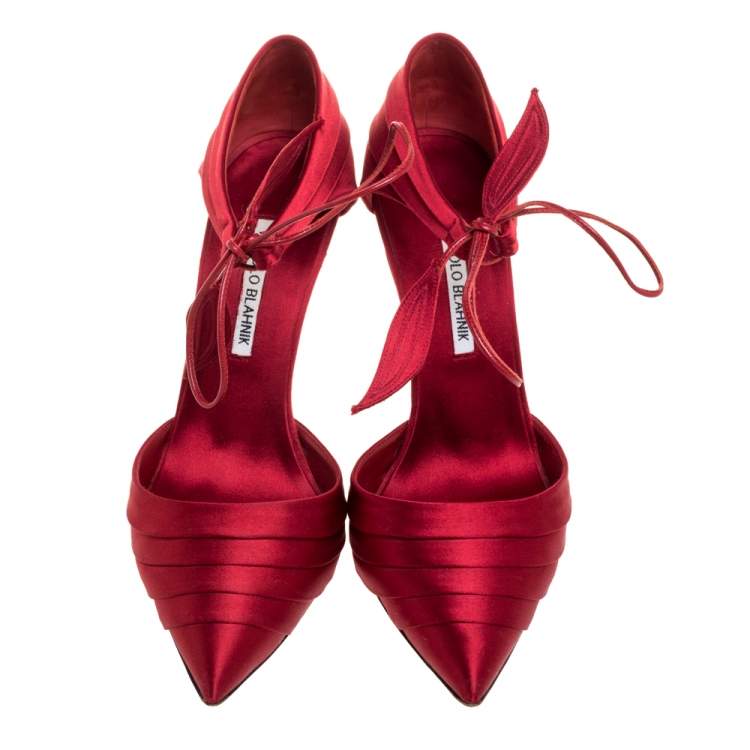 Pre Owned Manolo Blahnik Red Satin Reya Pleated Pointed Toe Ankle Wrap Pumps 39.5