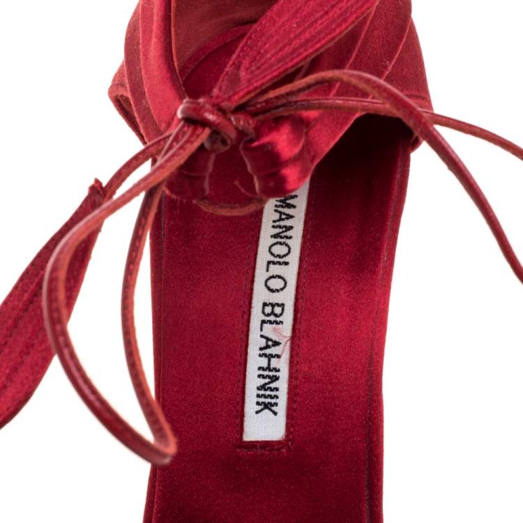 Pre Owned Manolo Blahnik Red Satin Reya Pleated Pointed Toe Ankle Wrap Pumps 39.5