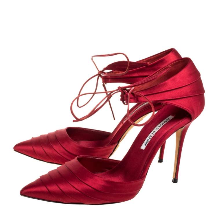Pre Owned Manolo Blahnik Red Satin Reya Pleated Pointed Toe Ankle Wrap Pumps 39.5