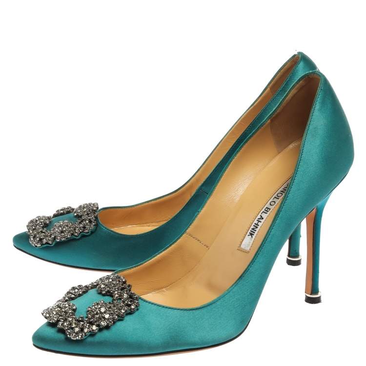 Pre Owned Manolo Blahnik Blue Satin Hangisi Crystal Embellished Pumps Size 38