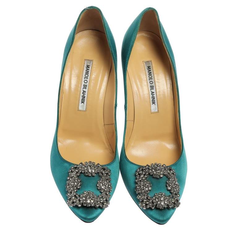 Pre Owned Manolo Blahnik Blue Satin Hangisi Crystal Embellished Pumps Size 38