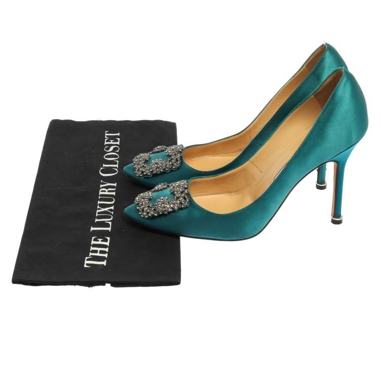 Pre Owned Manolo Blahnik Blue Satin Hangisi Crystal Embellished Pumps Size 38