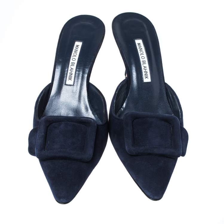 Pre Owned Manolo Blahnik Dark Blue Suede Maysale Pointed Toe Mule Sandals Size 40
