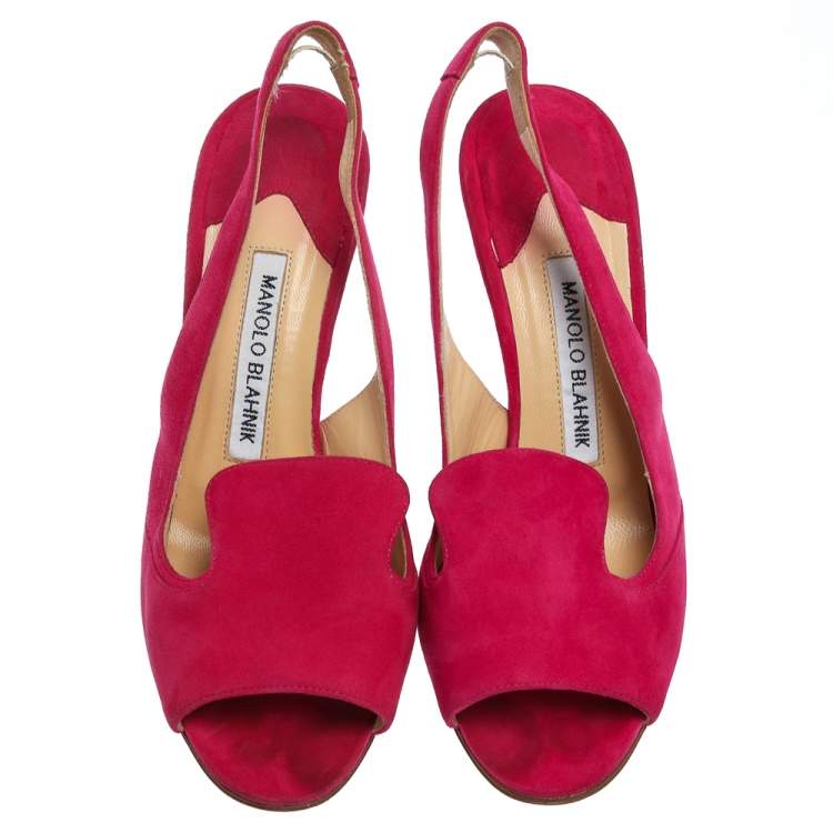 Pre Owned Manolo Blahnik Fuchsia Pink Suede Slingback Sandals Size 35.5