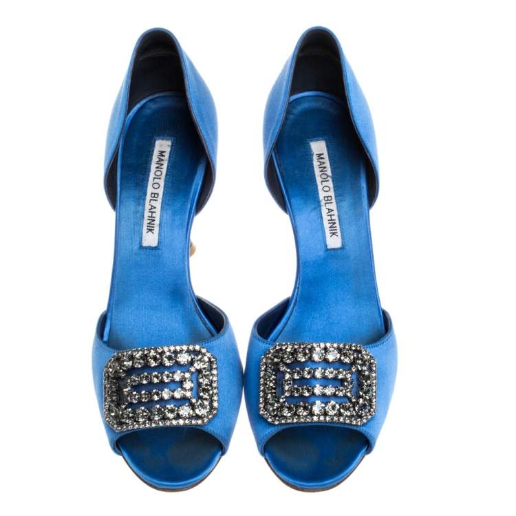 Pre Owned Manolo Blahnik Blue Satin Dorsay Pumps Size 38