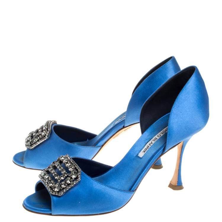 Pre Owned Manolo Blahnik Blue Satin Dorsay Pumps Size 38