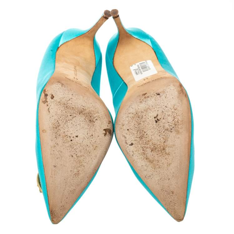 Pre Owned Manolo Blahnik Blue Satin Giuba Embellished Pointed Toe Pumps Size 41