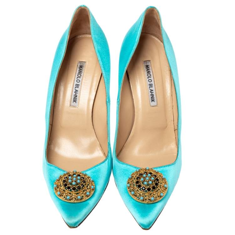 Pre Owned Manolo Blahnik Blue Satin Giuba Embellished Pointed Toe Pumps Size 41