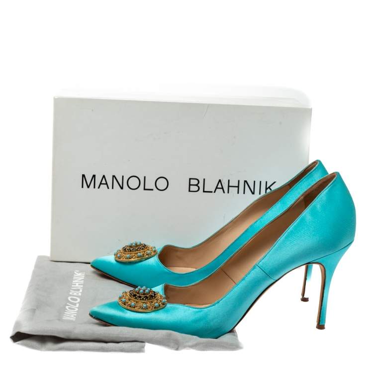 Pre Owned Manolo Blahnik Blue Satin Giuba Embellished Pointed Toe Pumps Size 41