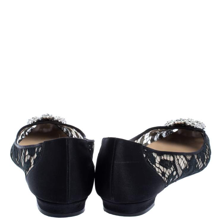 Pre Owned Manolo Blahnik Black Lace and Satin Hangisi Ballet Flats Size 38.5