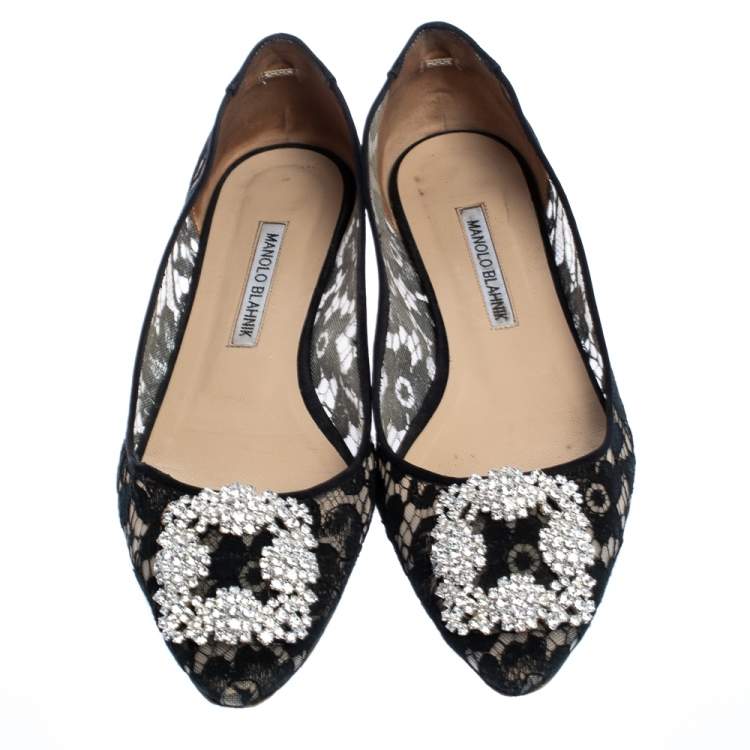 Pre Owned Manolo Blahnik Black Lace and Satin Hangisi Ballet Flats Size 38.5
