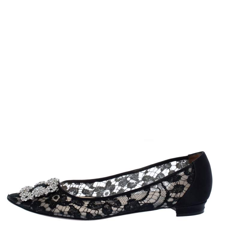 Manolo Blahnik Black Lace and Satin Hangisi Ballet Flats Size 38.5