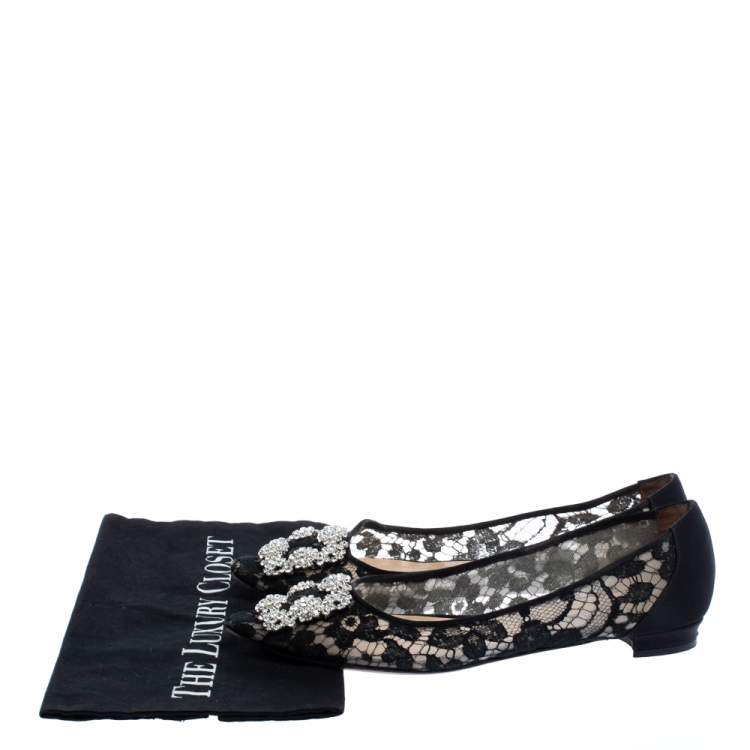 Pre Owned Manolo Blahnik Black Lace and Satin Hangisi Ballet Flats Size 38.5
