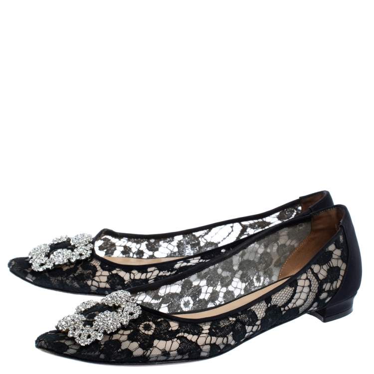 Pre Owned Manolo Blahnik Black Lace and Satin Hangisi Ballet Flats Size 38.5