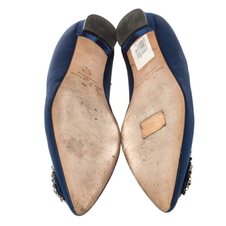 Pre Owned Manolo Blahnik Blue Satin Hangisi Crystal Embellished Ballet Flats Size 39