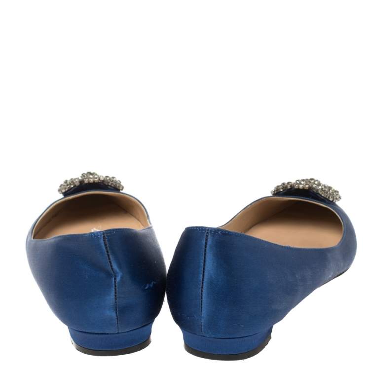 Pre Owned Manolo Blahnik Blue Satin Hangisi Crystal Embellished Ballet Flats Size 39