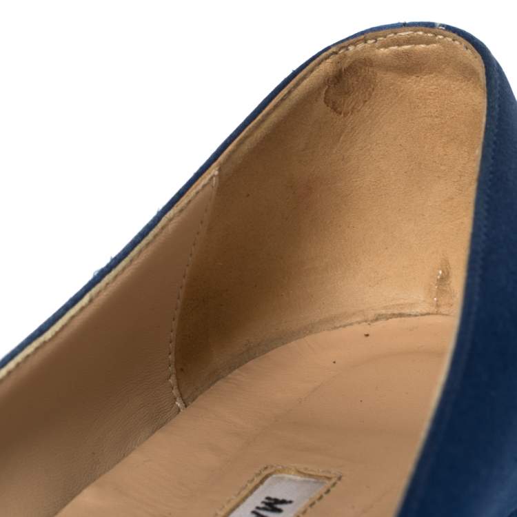 Pre Owned Manolo Blahnik Blue Satin Hangisi Crystal Embellished Ballet Flats Size 39